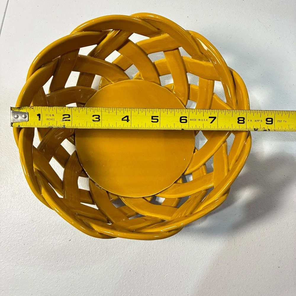 Primo'Gi Handmade Italy Woven Ceramic Bowl Mustard Yellow Lattice Fruit Basket